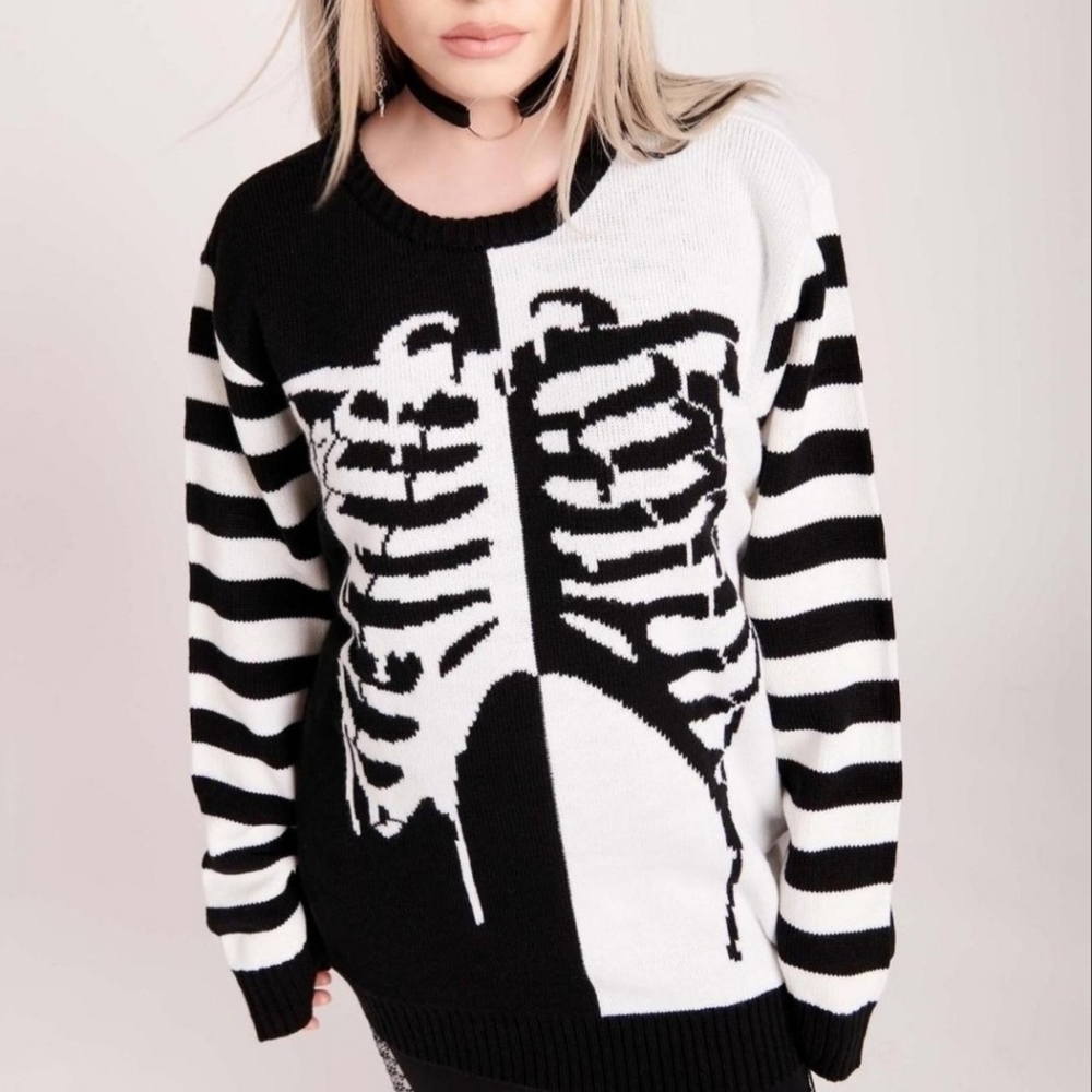 Black and White Striped Skeleton Ribcage Bones Sweater Sweatshirt